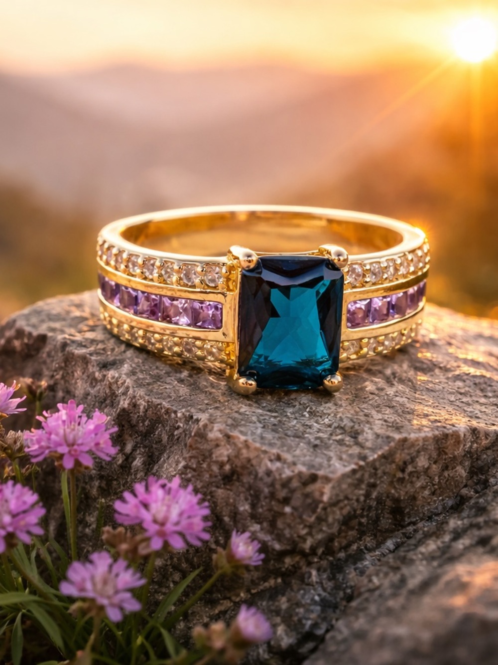 Ladies Beautiful Lab Sapphire With CZ And Purple Side Stones Size 8 NEW